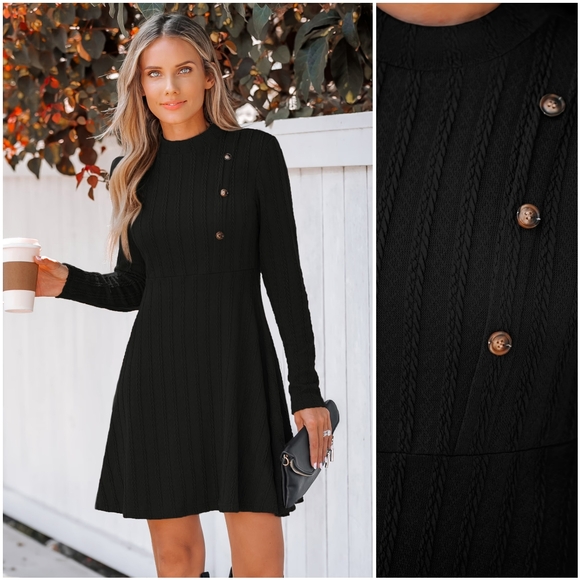 Cupshe Dresses & Skirts - NWT Cupshe Black Cable Knit Mock Cowl Long Sleeve Textured Sweater Mini Dress XL
